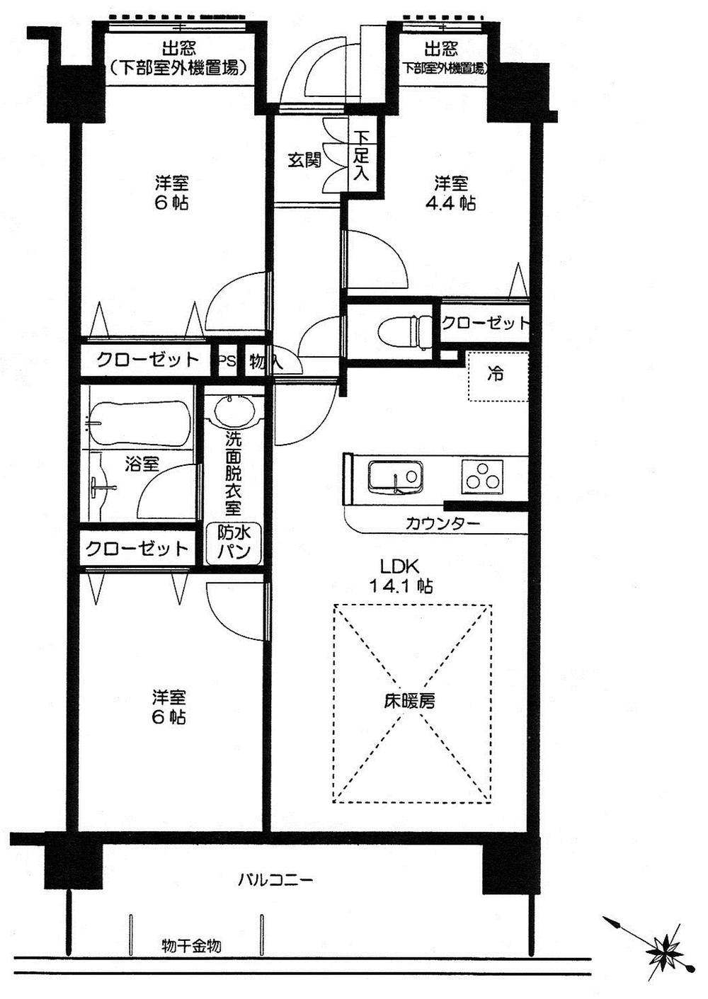 Floor plan. 3LDK, Price 20,900,000 yen, Occupied area 64.93 sq m , Balcony area 11.34 sq m