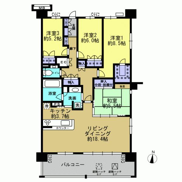 Floor plan. 4LDK, Price 41,800,000 yen, The area occupied 106.6 sq m , Balcony area 17.1 sq m