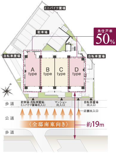 Shared facilities.  [Light and wind happy dwelling unit design] Though it is near the station, Zentei with a southeast facing blessed living environment "Proud Hachioji Myojin-cho". Separation of about 19m is ensured by the southeast side road, ventilation ・ We are blessed to daylight. Also, All 56 Eucommia 28 households realize the distribution building plan of the corner dwelling unit. Also Masu fun Me vista from further upper floors. (Site layout drawing ・ Standard floor plan view)