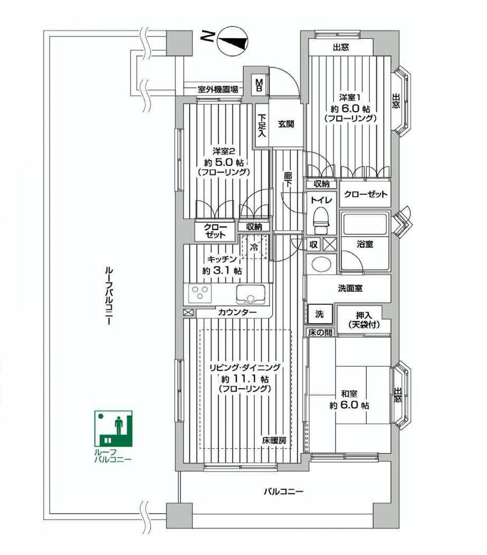 Floor plan. 3LDK, Price 23.8 million yen, Footprint 67.4 sq m , Balcony area 17.91 sq m ◎ All rooms are two-sided lighting ◎ All rooms housed Yes ◎ counter kitchen