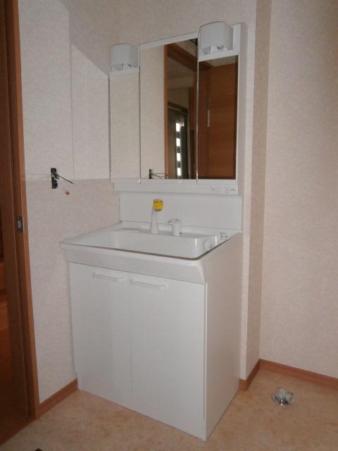 Wash basin, toilet. Shampoo three-sided mirror vanity with dresser