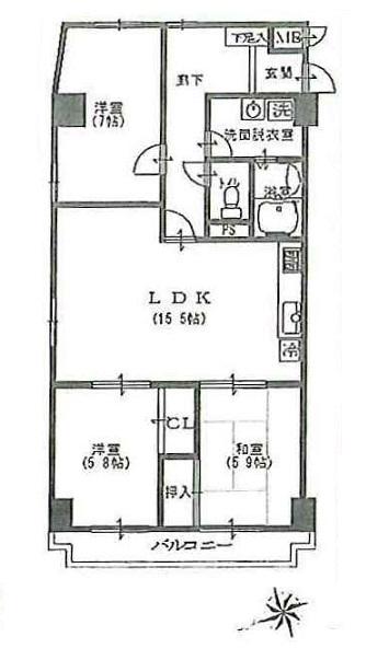 Floor plan. 3LDK, Price 19,800,000 yen, Occupied area 79.81 sq m , Balcony area 7.22 sq m