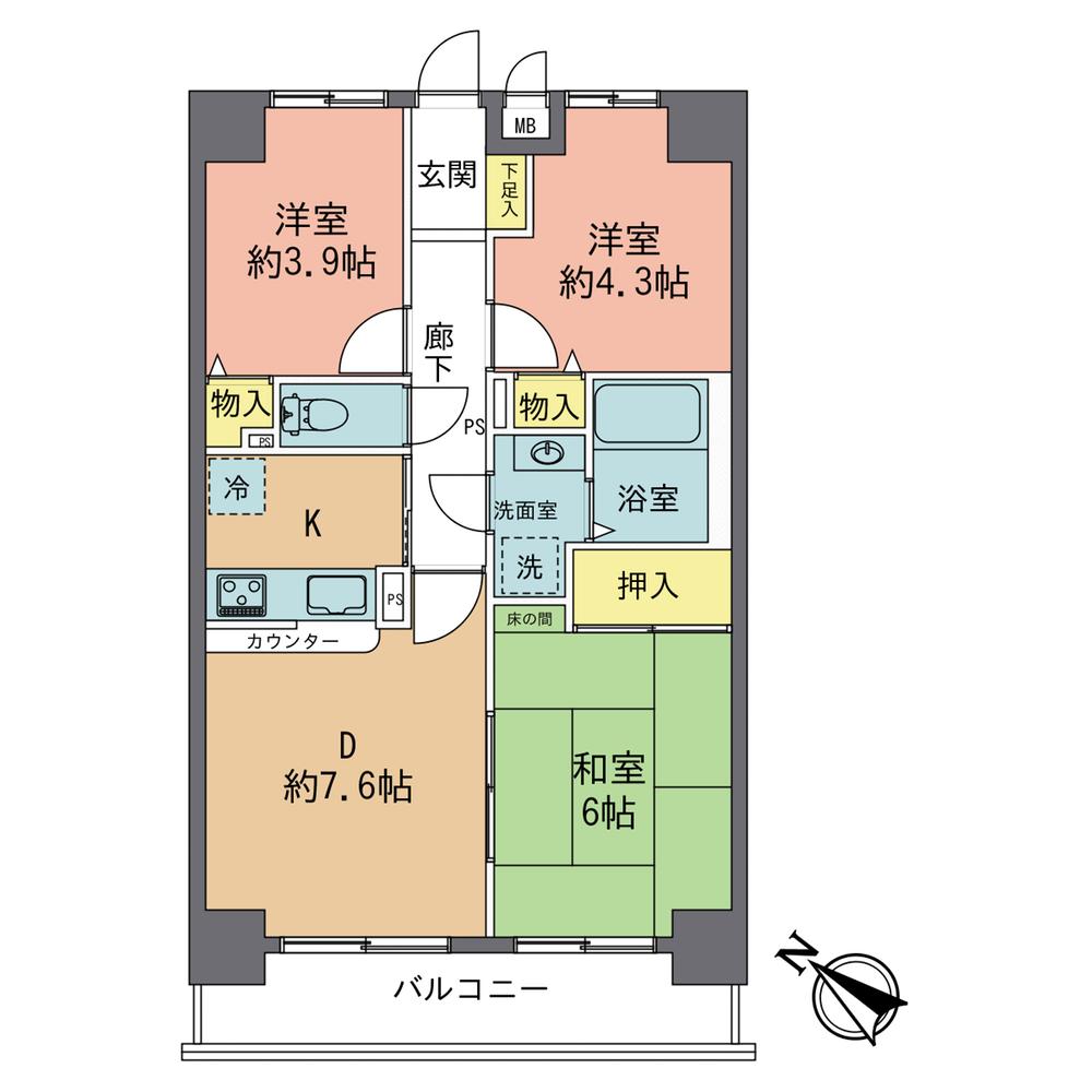 Floor plan. 3DK, Price 15.8 million yen, Footprint 57.4 sq m , Balcony area 7.43 sq m