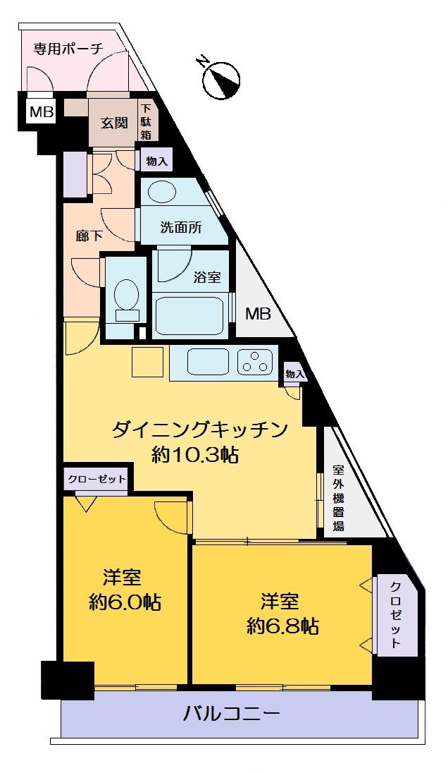 Floor plan. 2DK, Price 17,900,000 yen, Occupied area 55.13 sq m , Balcony area 8.1 sq m