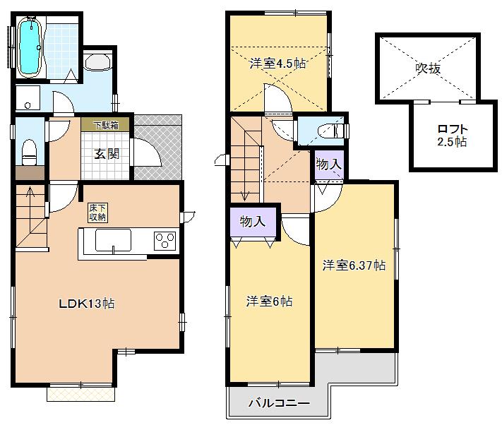 Floor plan. 29,800,000 yen, 3LDK, Land area 91.55 sq m , Building area 71.41 sq m 1 tsubo type bathroom ・ Ribingiin stairs ・ loft ・ Counter Kitchen Bright Nantei from the living room. 