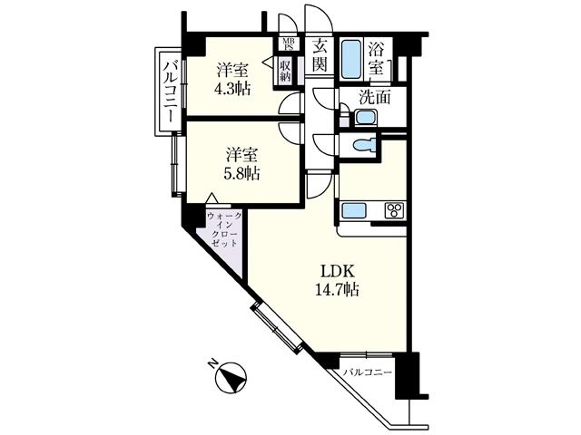 Floor plan. 2LDK, Price 22,800,000 yen, Occupied area 56.43 sq m , Balcony area 5.96 sq m Date God Palais stage Higashikurume floor plan