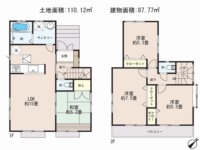 Floor plan. (1 Building), Price 33,800,000 yen, 4LDK, Land area 110.12 sq m , Building area 87.77 sq m