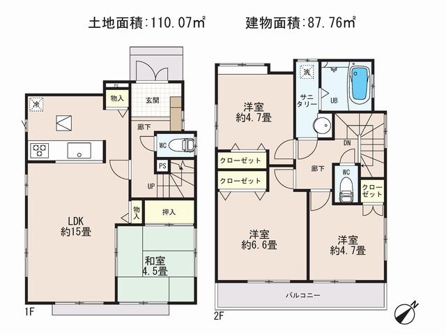 Floor plan. (Building 2), Price 31,800,000 yen, 4LDK, Land area 110.07 sq m , Building area 87.36 sq m