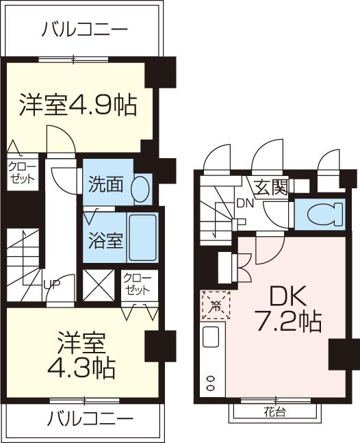 Floor plan. 2DK, Price 11,980,000 yen, Occupied area 43.56 sq m , Balcony area 8.78 sq m