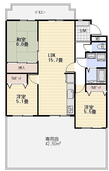 Floor plan. 3LDK, Price 15.4 million yen, Occupied area 73.67 sq m , Balcony area 10.24 sq m 3LDK + private garden Occupied area / 73.67 sq m Balcony area / 10.24 sq m Private garden area / 42.5 sq m
