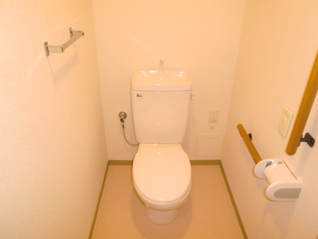 Toilet. The restroom is, It is with a convenient handrail