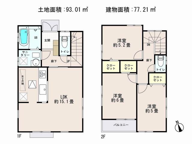 Floor plan. (Building 2), Price 27,800,000 yen, 3LDK, Land area 93.01 sq m , Building area 77.21 sq m