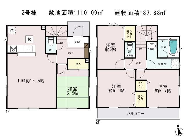Floor plan. (Building 2), Price 42,800,000 yen, 4LDK, Land area 110.09 sq m , Building area 87.88 sq m