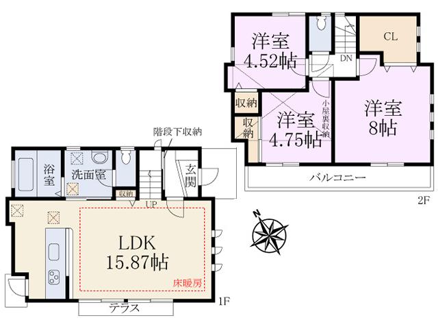 Floor plan. 29,800,000 yen, 3LDK, Land area 95.43 sq m , Building area 75.72 sq m Higashimurayama Hagiyama-cho 3-chome Floor