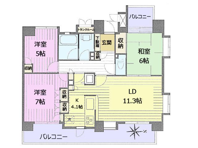 Floor plan. 3LDK, Price 26,980,000 yen, Occupied area 74.53 sq m , Balcony area 17.69 sq m