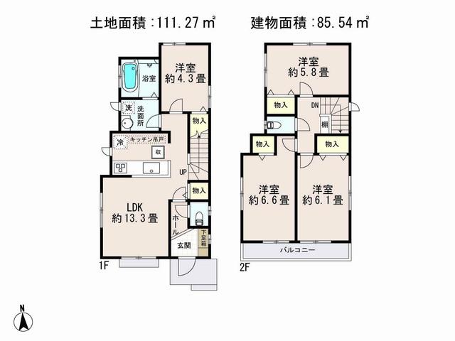 Floor plan. (A Building), Price 32,500,000 yen, 4LDK, Land area 111.27 sq m , Building area 85.54 sq m