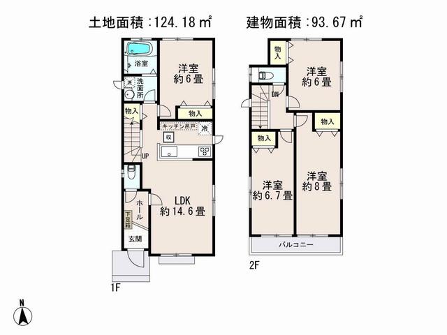 Floor plan. (D Building), Price 34,800,000 yen, 4LDK, Land area 124.18 sq m , Building area 93.67 sq m