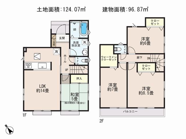 Floor plan. (Building 2), Price 34,800,000 yen, 4LDK, Land area 124.07 sq m , Building area 96.87 sq m