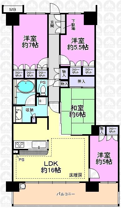 Floor plan. 4LDK, Price 31.5 million yen, Footprint 87.2 sq m , Balcony area 16.1 sq m