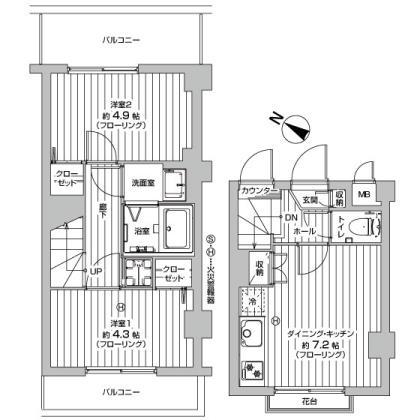 Floor plan. 2DK, Price 11,980,000 yen, Occupied area 43.56 sq m , Balcony area 8.78 sq m