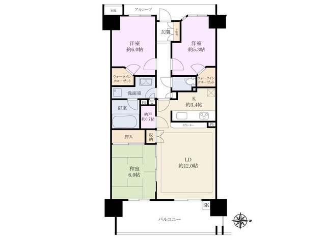 Floor plan. 3LDK, Price 25,800,000 yen, Occupied area 73.59 sq m , Balcony area 12.4 sq m Kokorokosu Tokyo Kumegawa floor plan