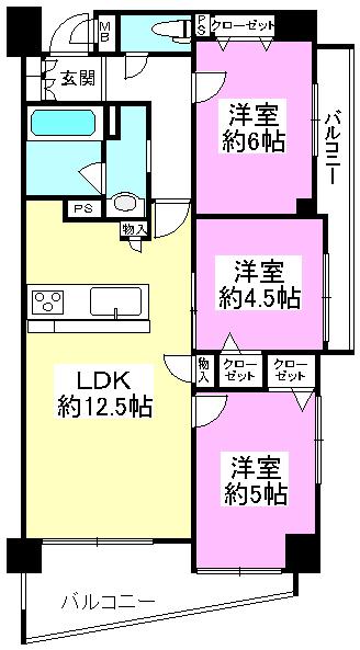 Floor plan. 3LDK, Price 25,500,000 yen, Occupied area 61.87 sq m , Is taken between balcony area 11.9 sq m per day ventilation of the southeast angle room good. Two sides of the balcony is very convenient!