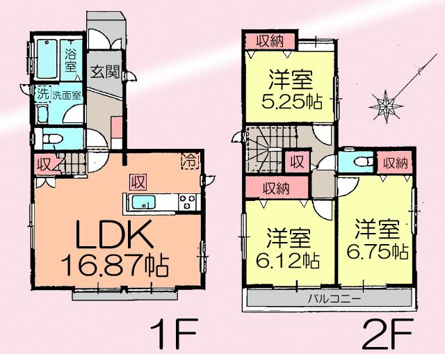 Floor plan. (1 Building), Price 34,800,000 yen, 3LDK, Land area 106.18 sq m , Building area 84.88 sq m