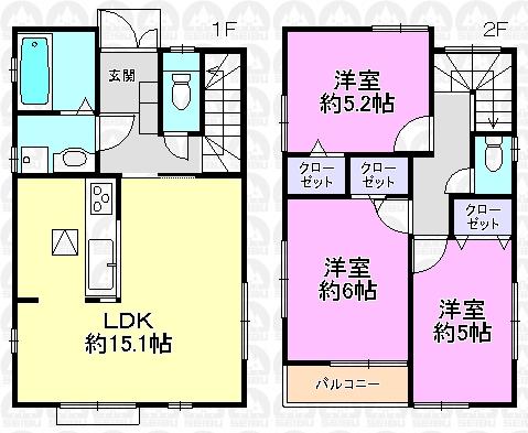 Floor plan. (Building 2), Price 27,800,000 yen, 3LDK, Land area 93.01 sq m , Building area 77.21 sq m