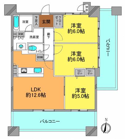 Floor plan. 3LDK, Price 20,900,000 yen, Occupied area 64.73 sq m , Balcony area 24.21 sq m