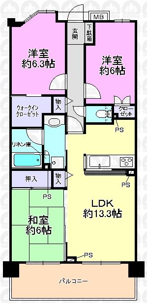Floor plan. 3LDK, Price 22,800,000 yen, Occupied area 70.56 sq m , Balcony area 12.1 sq m