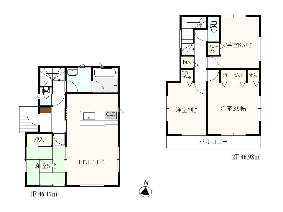 Floor plan. (Building 2), Price 32,800,000 yen, 4LDK, Land area 127.38 sq m , Building area 93.15 sq m