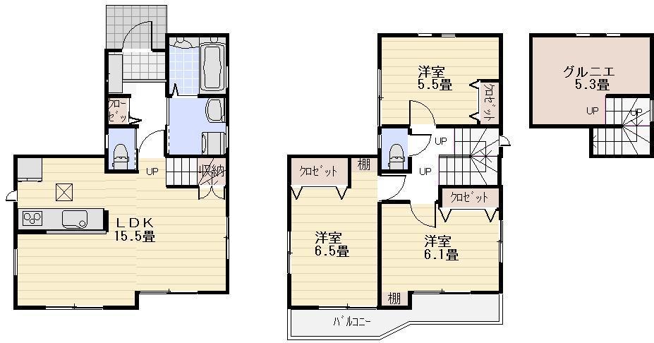 Floor plan. (Building 2), Price 34,800,000 yen, 3LDK, Land area 103.07 sq m , Building area 80.97 sq m