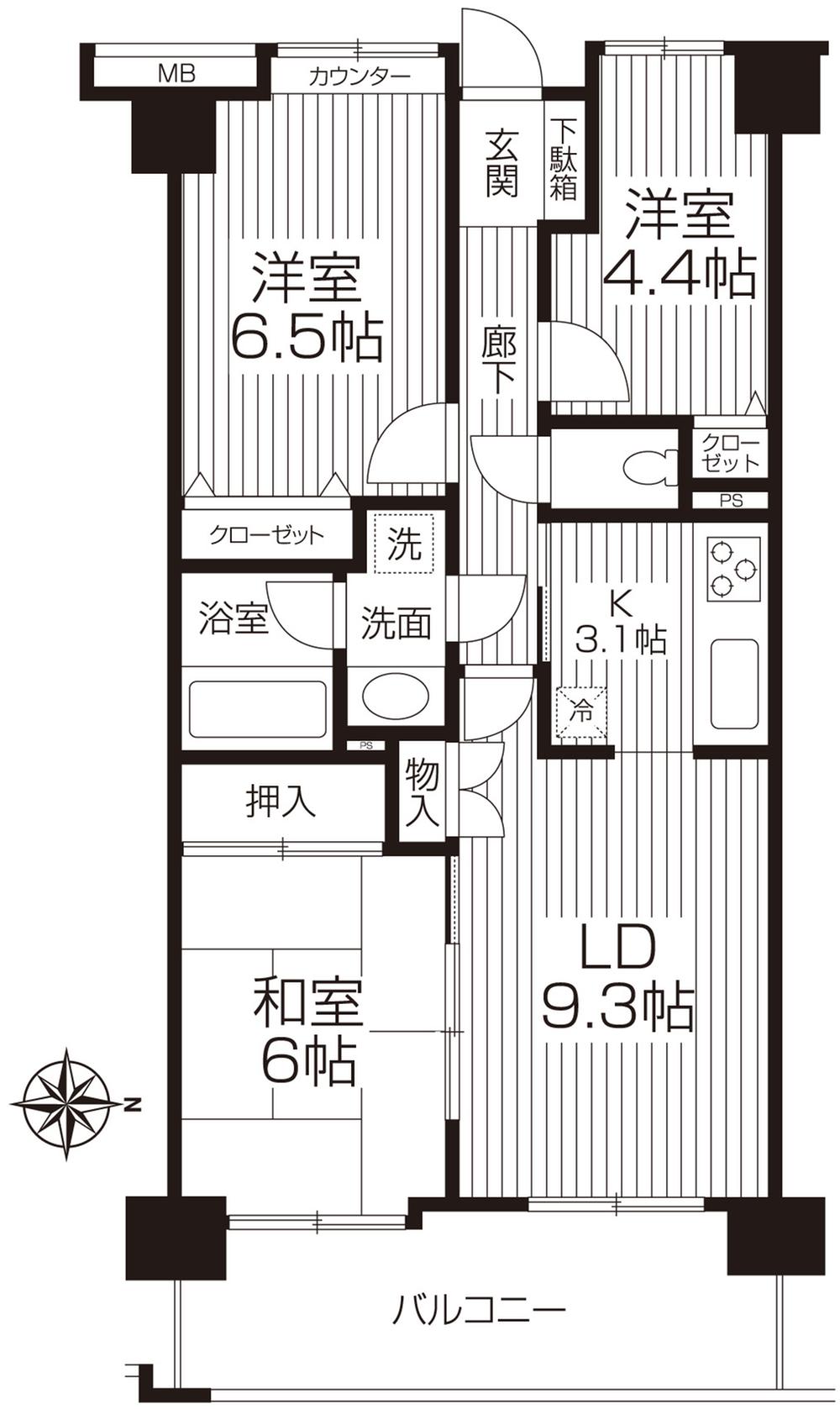 Floor plan. 3LDK, Price 21,800,000 yen, Occupied area 65.61 sq m , Balcony area 10.62 sq m