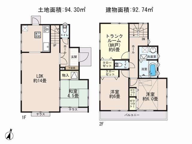 Floor plan. (Building 2), Price 37,800,000 yen, 4LDK, Land area 94.3 sq m , Building area 92.74 sq m