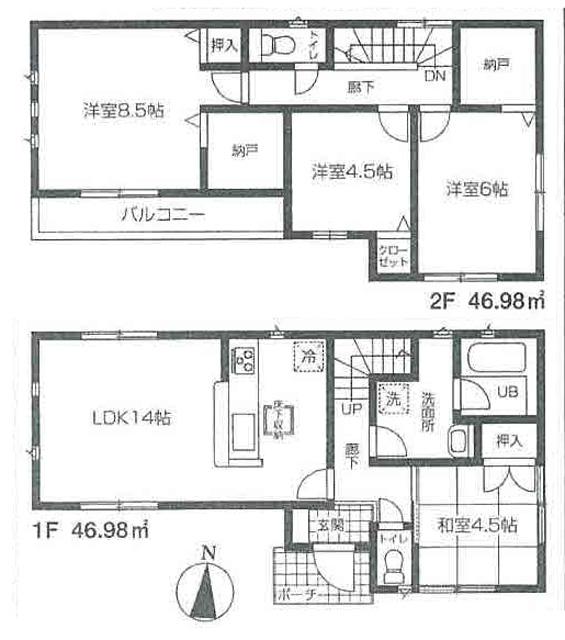 Floor plan. (1 Building), Price 36,800,000 yen, 4LDK, Land area 110.09 sq m , Building area 93.96 sq m