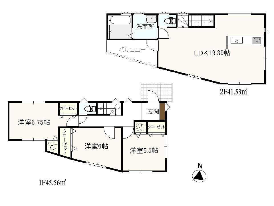 Floor plan. (Building 2), Price 37,800,000 yen, 3LDK, Land area 115.19 sq m , Building area 87.09 sq m