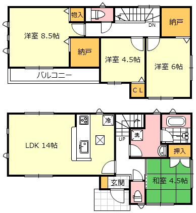 Floor plan. (1 Building), Price 37,800,000 yen, 4LDK, Land area 110.09 sq m , Building area 93.96 sq m