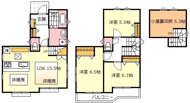 Floor plan. 34,800,000 yen, 3LDK, Land area 103.07 sq m , With floor heating in the building area 80.97 sq m living