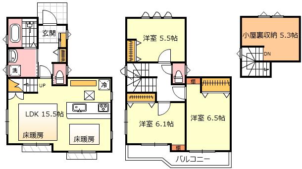 Floor plan. 34,800,000 yen, 3LDK, Land area 103.07 sq m , Building area 80.97 sq m floor heating ・ With Grenier