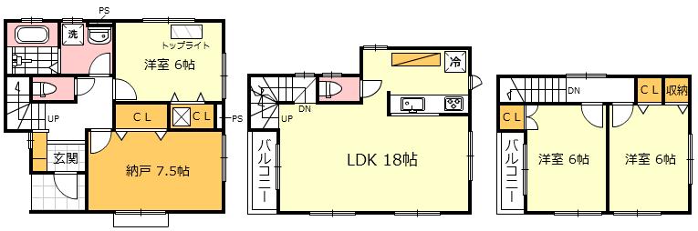 Floor plan. 28.8 million yen, 4LDK, Land area 80.33 sq m , Building area 101.84 sq m 3-story house LDK18 Pledge! ! 