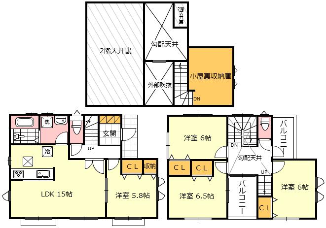 Floor plan. 48,800,000 yen, 4LDK, Land area 140.75 sq m , Building area 97.29 sq m sophisticated floor plan With attic storage
