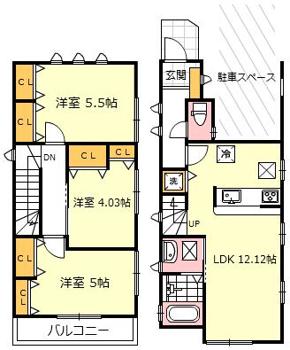 Building plan example (floor plan). Building plan example building price 11 million yen, Building area 73.5 sq m