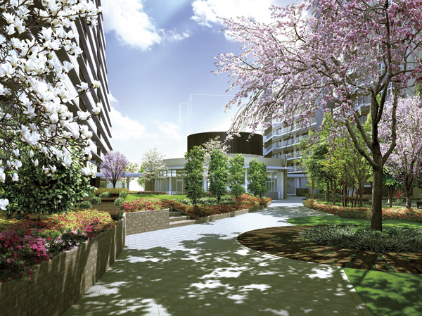 Features of the building.  [Four Seasons Garden] Promenade through the center of the garden, Walking path view and the scent of the four seasons to enjoy. Besides Children can play carefree, There is a sunny lawn open space, While wrapped in flowers and greenery of the moisture has been achieved space Hagukumeru memories. (Rendering CG)