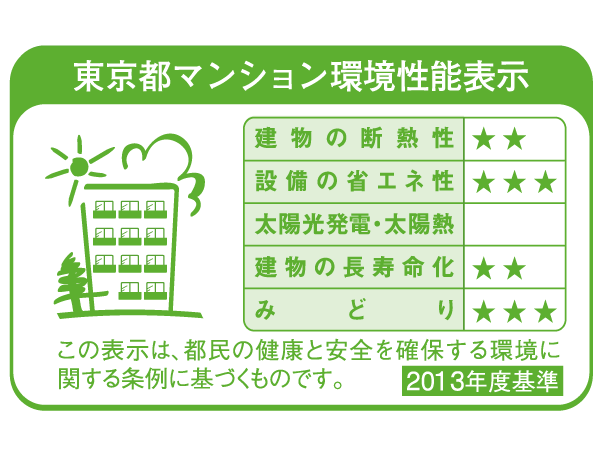 Building structure.  [Get the 10 stars of. Residence in consideration of the burden of the environment] In Tokyo apartment environmental performance display, 3 has received a rating of at evaluating the rationalization of energy and the "equipment of energy conservation" to evaluate the consideration of the amount of green in the secure and ecosystems "green".  ※ For more information see "Housing term large Dictionary"