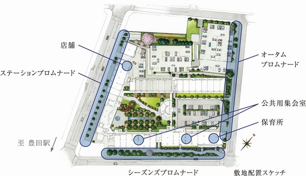 Site layout. The street space to create a bustle on the site southwest side Bahnhofstrasse peas, Site Province side ・ Subjected to planting add color of four seasons in the northeast side, It will produce the sidewalk space of peace