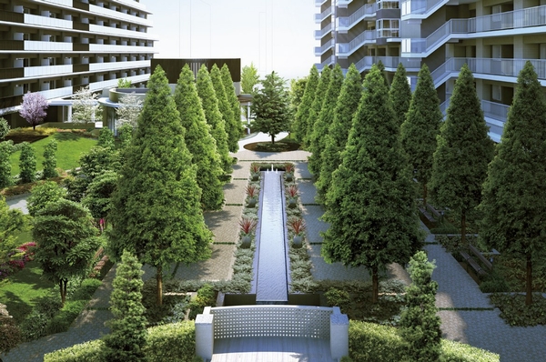  [Four Seasons Garden] Consisting of orderly water economic facilities and the tree-lined space Ya of "static", Promenade views and the scent of the four seasons to enjoy, Vast private garden with children provided with a carefree play lawn open space (Rendering)