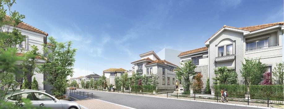 Cityscape Rendering. By unifying the color tone of the appearance and the roof of the building, Create a beautiful landscape that balanced harmony as the mansion district. Planted 栽計 images that arranged about 2800 trees in the entire city block is directing us to the look of the city color richly. (Cityscape Rendering ※ 3)