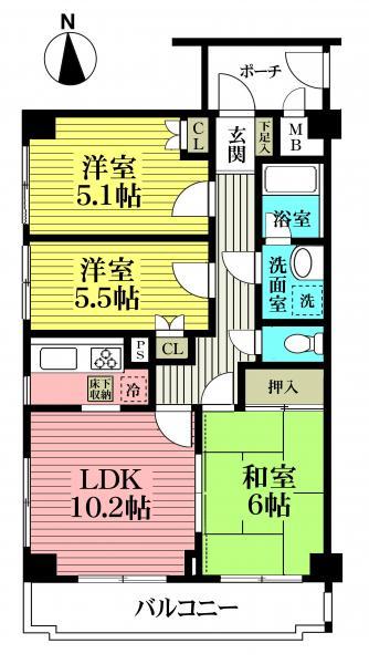 Floor plan. 3LDK, Price 17.8 million yen, Occupied area 61.39 sq m , Balcony area 6.66 sq m