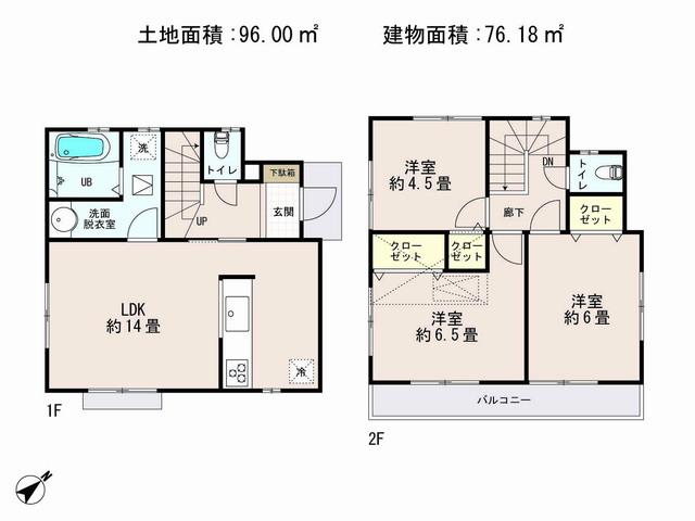 Floor plan. (Building 2), Price 29,800,000 yen, 3LDK, Land area 96 sq m , Building area 76.18 sq m