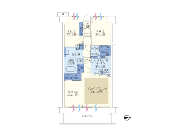 N type 3LDK + WIC + N footprint / 70.22 square meters balcony area / 12.30 square meters Price / 33,400,243 yen WIC = walk-in closet N = storeroom